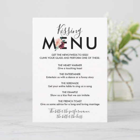 Bloem Lettering | Wijnrood Kissing Menu Kaart (Staand voorkant)