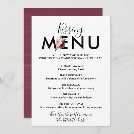 Bloem Lettering | Wijnrood Kissing Menu Kaart (Voorkant / Achterkant)