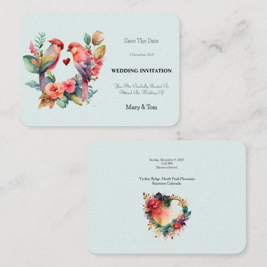 Bloem & Liefdevolle Vogel Hart Trouw Uitnodiging Informatiekaartje (Voorkant / Achterkant)