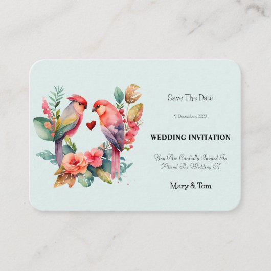 Bloem & Liefdevolle Vogel Hart Trouw Uitnodiging Informatiekaartje (Voorkant)