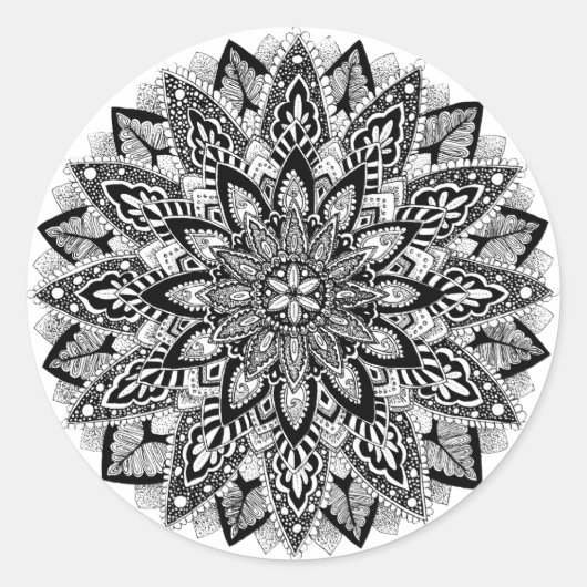 Bloem Mandala zwart-wit Ronde Sticker (Voorkant)