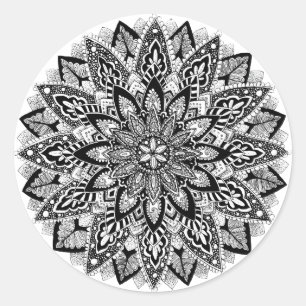 Bloem Mandala zwart-wit Ronde Sticker