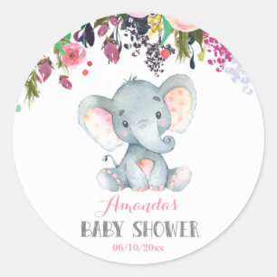 Bloem Meisje Olifant Baby Shower Roze en Grijs Ronde Sticker