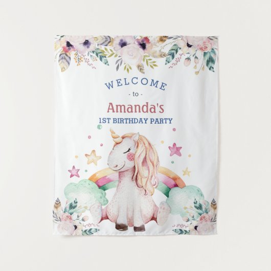 Bloem Regenboog Eenhoorn Meisje Verjaardag Welkom Wandkleed (Voorkant)