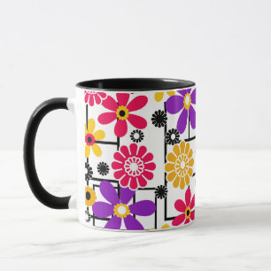 Bloem retro, helder retro, bloemrijk, rood en geel mok
