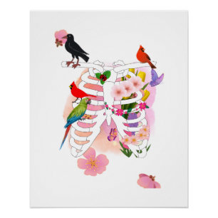 Bloem Ribbenkast en Vogels Surrealistische Natuur Perfect Poster