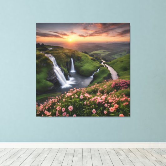 Bloem Rolling Hills in Zonsondergang Watervallen Canvas Afdruk (Insitu (Houten vloer))
