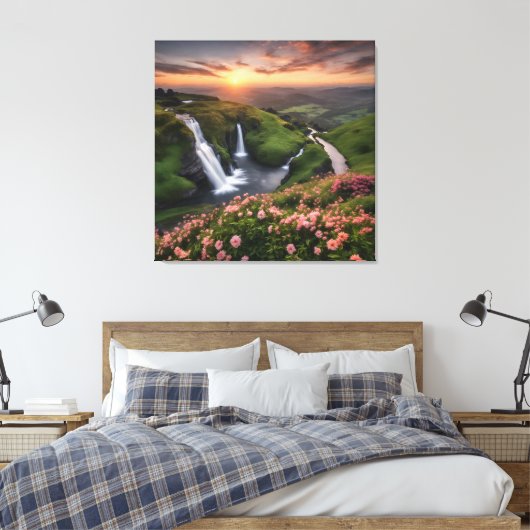 Bloem Rolling Hills in Zonsondergang Watervallen Canvas Afdruk (Insitu (Slaapkamer))