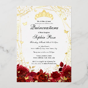 Bloem Rood Goud Tiara Quinceanera Folie Uitnodiging