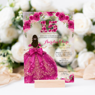Bloem Roze Prinsessen Jurk Coquette Quinceanera Acryl Uitnodigingen