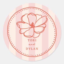 Bloem roze tropische streep bruiloft ronde sticker