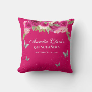 Bloem Roze Zilveren Tiara Vlinder Quinceanera Kussen