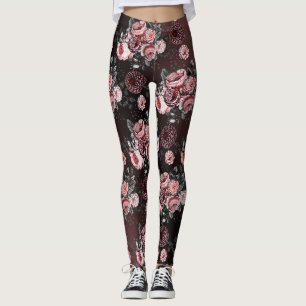 Bloem Roze Zwart Paars Vintage Roos Patroon Leggings