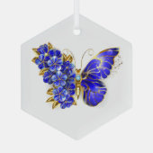 Bloem Saffier Vlinder Glas Ornament (Achterkant)