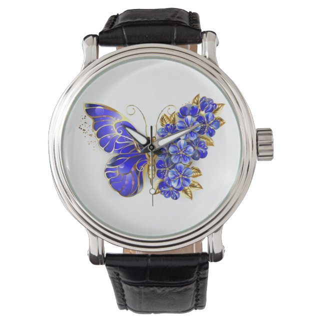 Bloem Saffier Vlinder Horloge (Voorkant)