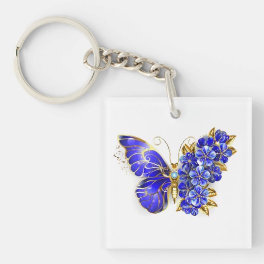 Bloem Saffier Vlinder Sleutelhanger (Voorkant)