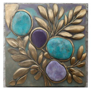 Bloem sculptuur in turquoise, goud en paars tegeltje