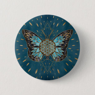 Bloem van de vlinder - Blauwe Gemstone en goud Ronde Button 5,7 Cm