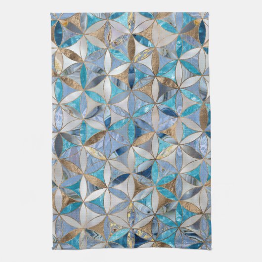 Bloem van het leven - Blauwe marmeren en parels Theedoek (Verticaal)