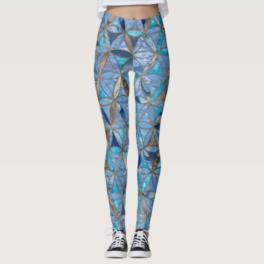 Bloem van het leven - Blauwe stenen en goud Leggings (Voorkant)