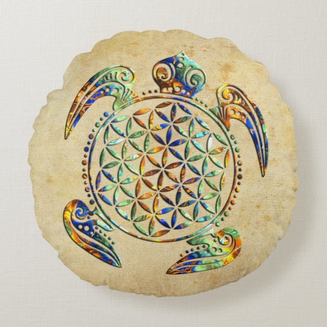 Bloem van het leven / Blume des Lebens - schildpad Rond Kussen (Voorkant)