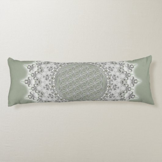 Bloem van het leven - Fractal Mandala grijs groen Lichaamskussen (Achterkant)