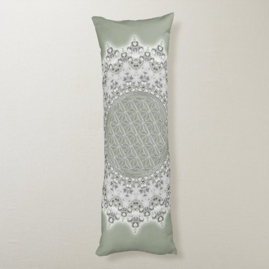 Bloem van het leven - Fractal Mandala grijs groen Lichaamskussen (Achterkant (Verticaal))