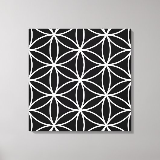 Bloem van het Leven Grote Ptn Wit op Zwart Canvas Afdruk (Voorkant)