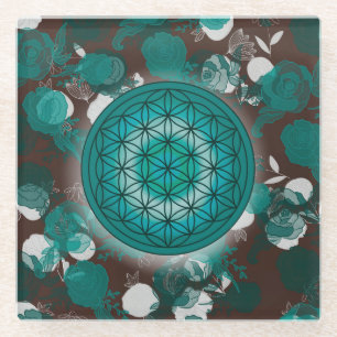 bloem van het leven, heilige geometrie, zen, chakr glazen onderzetter