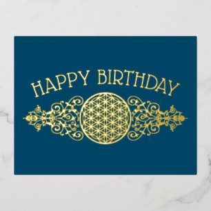 Bloem van het Leven - Vintage Ornamenten blauw gou Folie Feestdagen Briefkaart