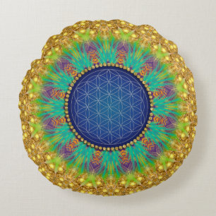 Bloem van Leven Trillende Kleuren Goud Marineblauw Rond Kussen