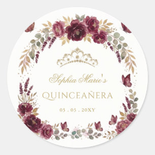 Bloem Vlinder Bourgondië Gouden Tiara Quinceañera Ronde Sticker
