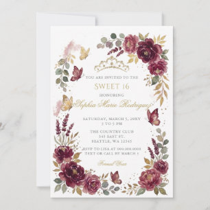 Bloem Vlinder Bourgondië Gouden Tiara Sweet 16 Kaart
