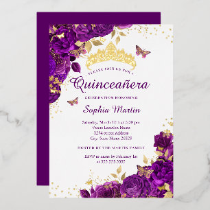 Bloem Vlinder Elegante Paarse Quinceanera Folie Uitnodiging