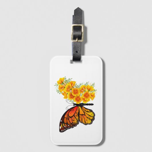 Bloem Vlinder met Gele California Klaproos Bagagelabel (Voorkant (verticaal))