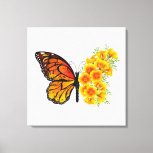 Bloem Vlinder met Gele California Klaproos Canvas Afdruk