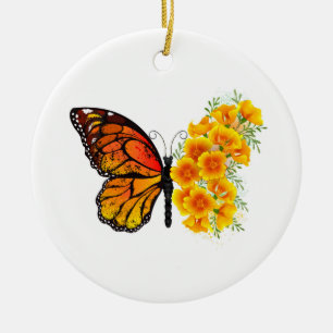 Bloem Vlinder met Gele California Klaproos Keramisch Ornament