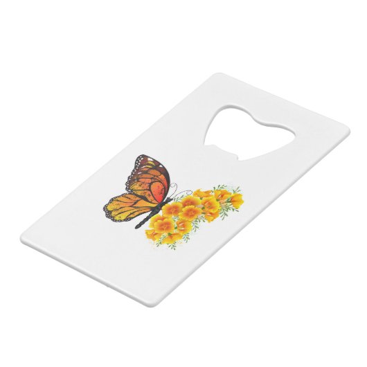 Bloem Vlinder met Gele California Klaproos Kredietkaart Flessenopener (Voorkant Gekanteld)