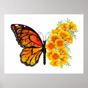 Bloem Vlinder met Gele California Klaproos Poster