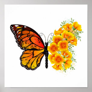 Bloem Vlinder met Gele California Klaproos Poster