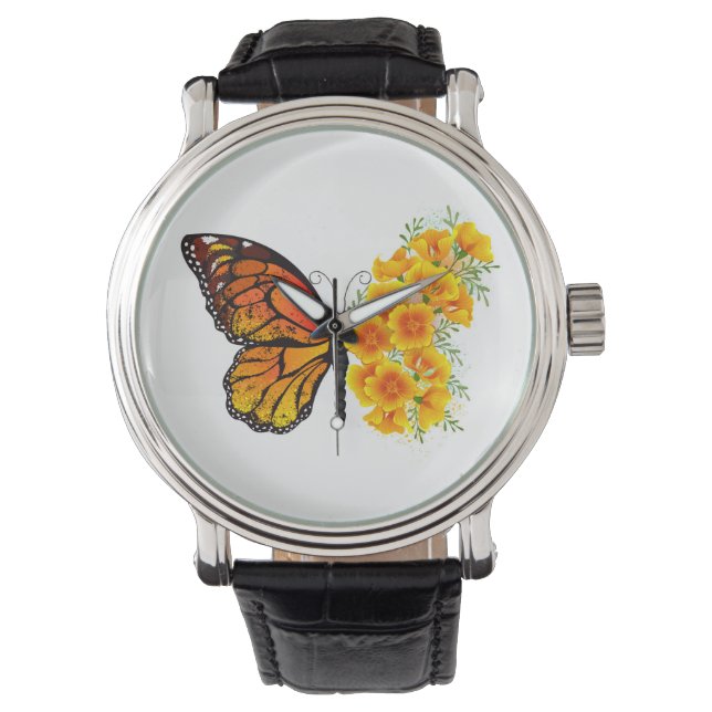 Bloem vlinder met gele Californische pap Horloge (Voorkant)