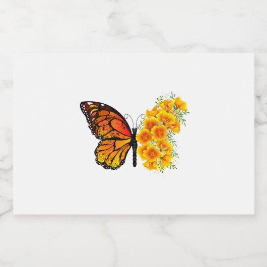 Bloem vlinder met gele Californische pap Likeurfles Etiket (Enkel label)
