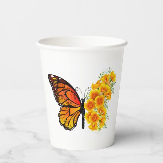 Bloem vlinder met gele Californische pap Papieren Bekers (Achterkant)