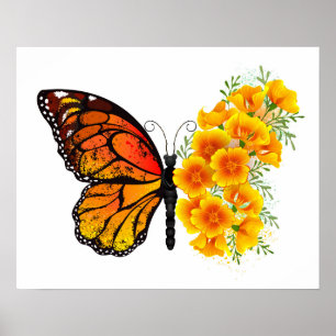 Bloem vlinder met gele Californische pap Poster