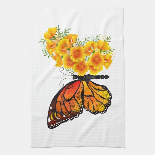 Bloem vlinder met gele Californische pap Theedoek (Verticaal)