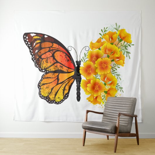 Bloem vlinder met gele Californische pap Wandkleed (In Situ (horizontaal))