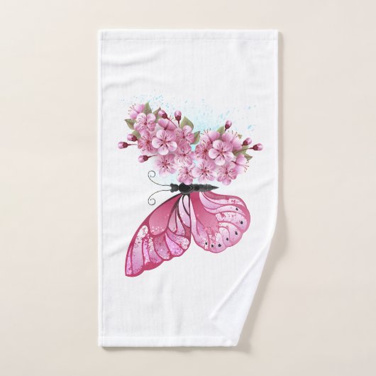 Bloem Vlinder met Roze Sakura Bad Handdoek (Handdoek)