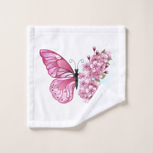 Bloem Vlinder met Roze Sakura Bad Handdoek (Wasdoekje)