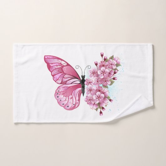 Bloem Vlinder met Roze Sakura Bad Handdoek (Handdoek)