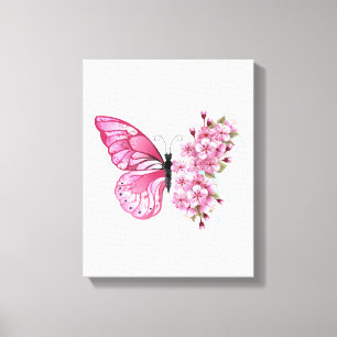 Bloem Vlinder met Roze Sakura Canvas Afdruk